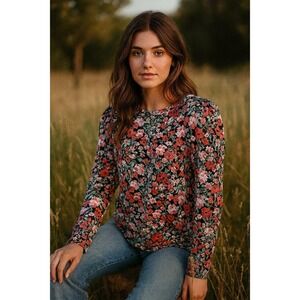 Maison D'Amelie Paris Blouse Women's Top Red Green Medium Floral Long Sleeve